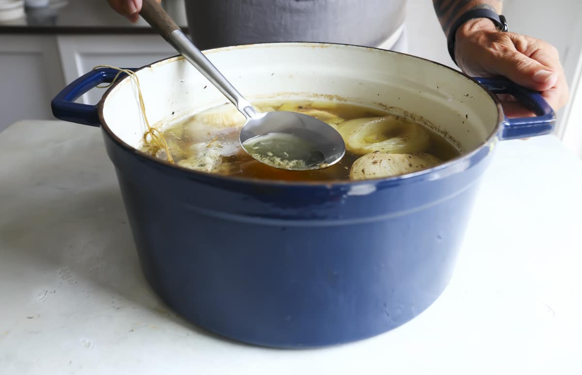 A pot of beef broth