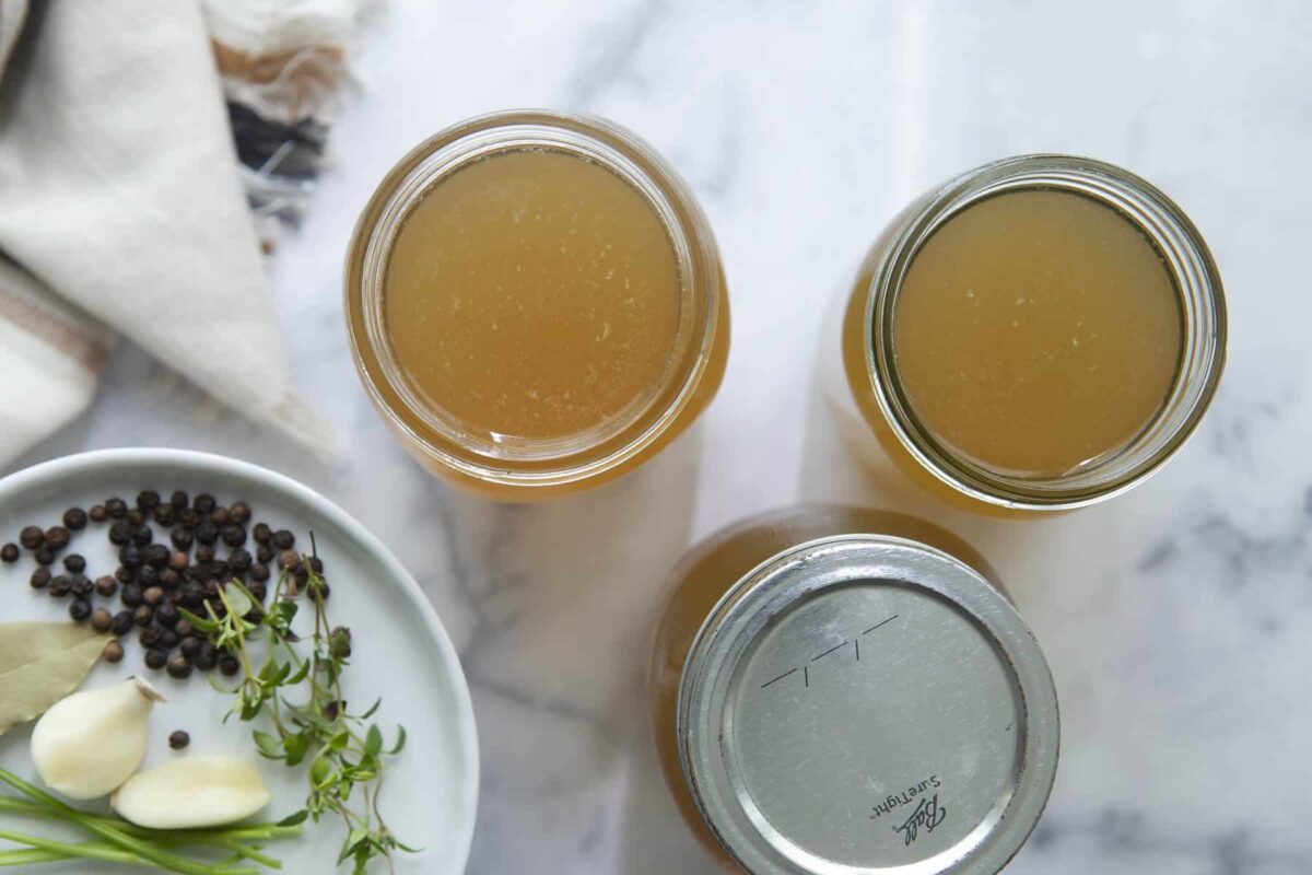 Jars of homemade beef broth.