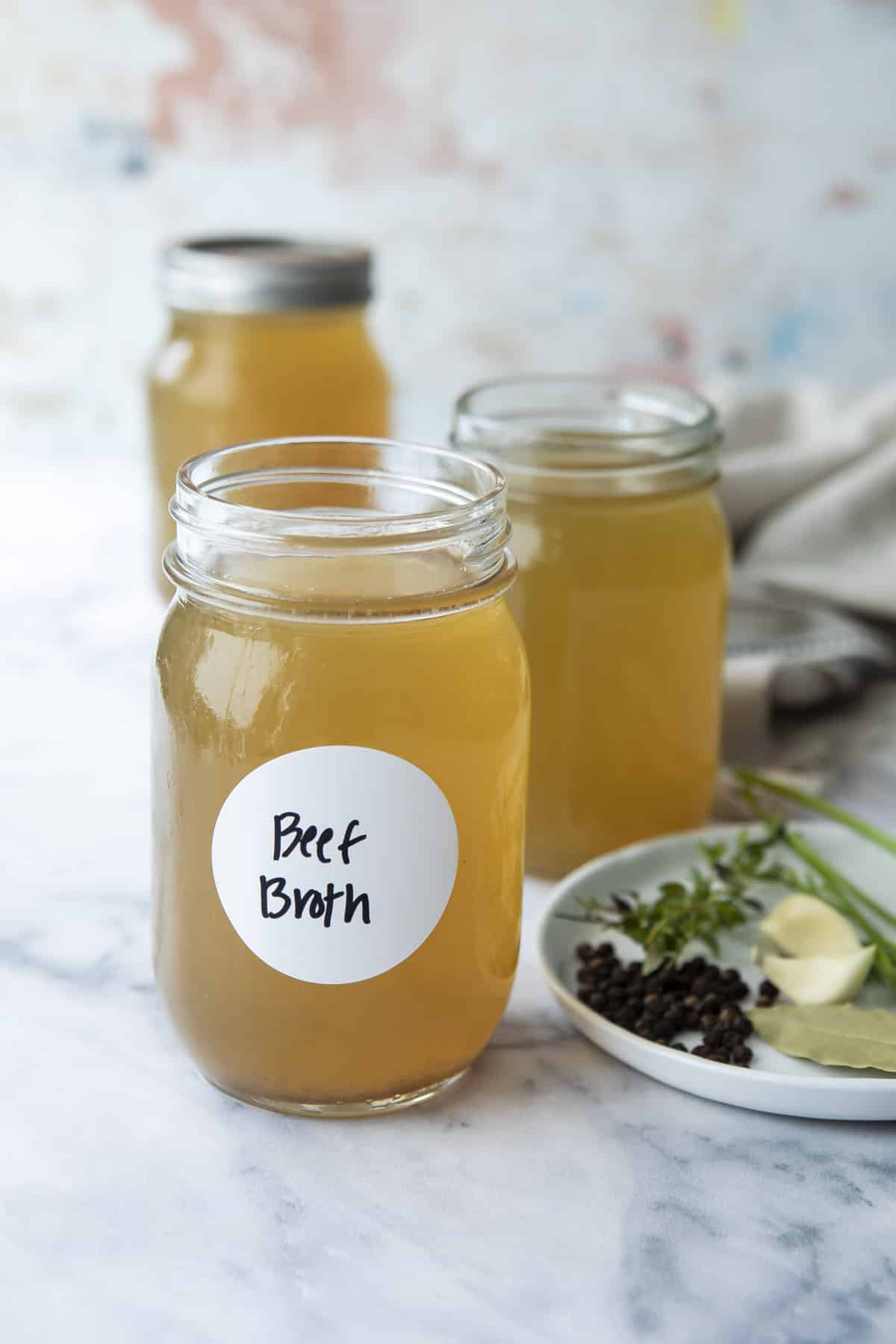 Jars of homemade beef broth.