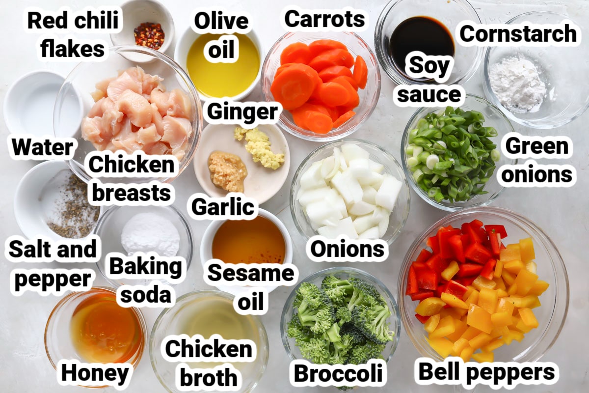 Labeled ingredients for the best chicken stir fry.