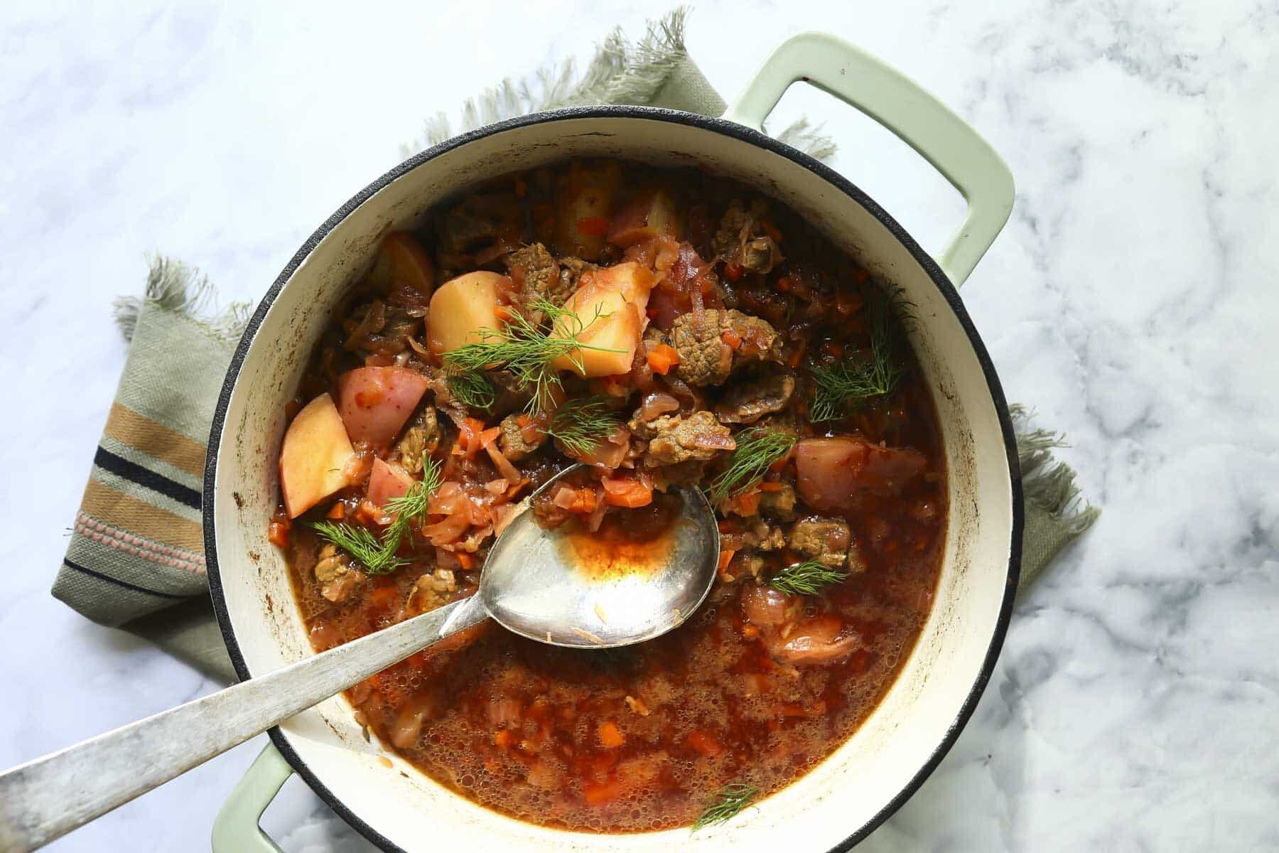 A pot of borscht soup.