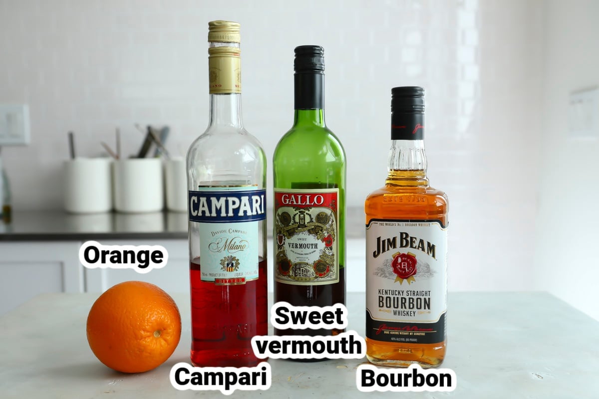 Labeled ingredients for a Boulevardier cocktail.