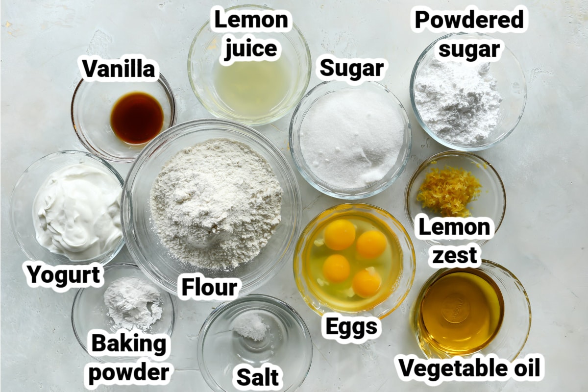 Labeled ingredients for lemon muffins.