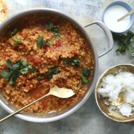 A skillet full of masoor dal.