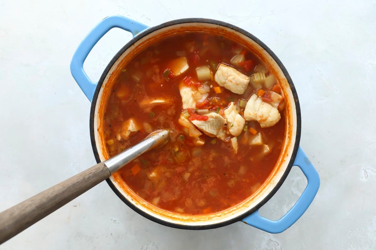 A bowl of Mexican fish soup (sopa de pescado).