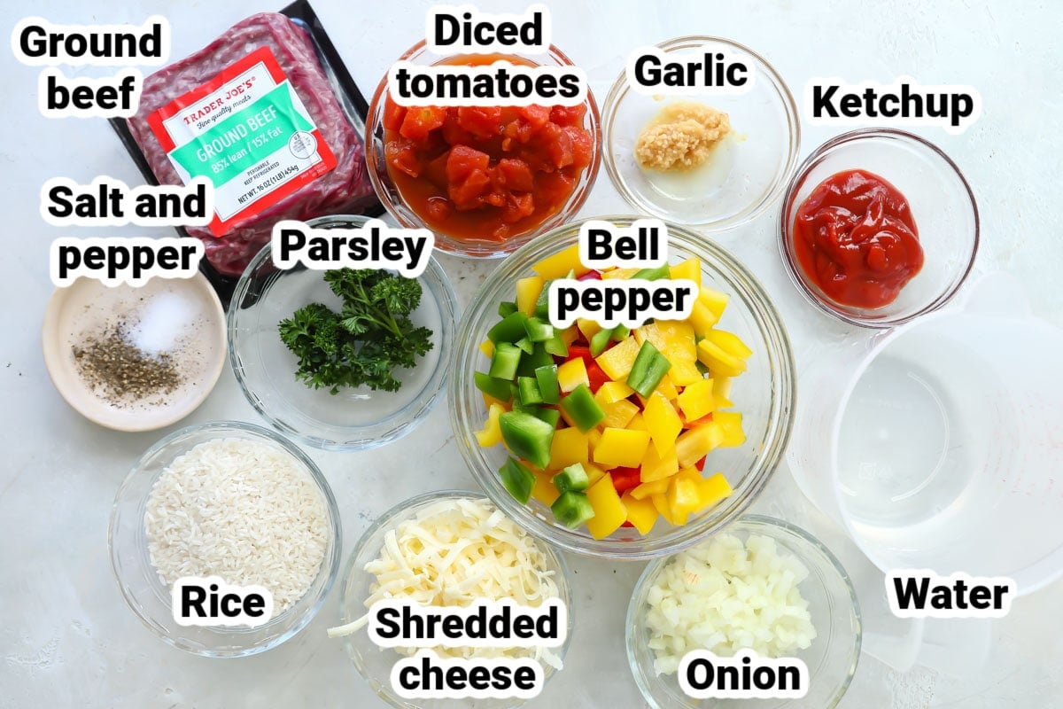 Labeled ingredients for stuffed pepper casserole.