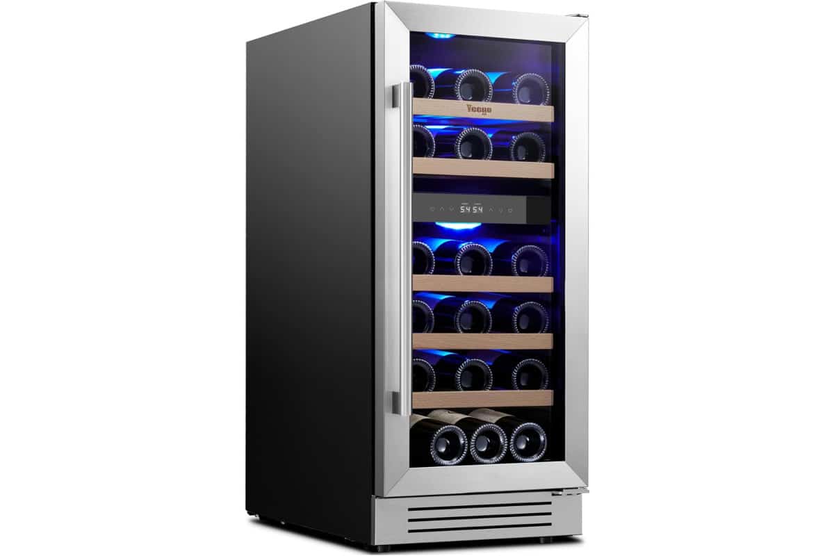 Yeego 15 Inch Dual Zone Wine Fridge, 28 Bottles Wine Cool Refrigerator with Glass Door, Built-in/Freestanding/Under Counter, Ideal for Home & Kitchen
