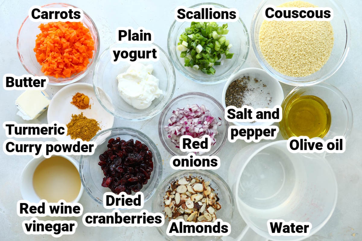 Labeled ingredients for couscous salad.