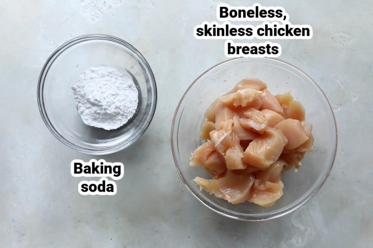 Labeled ingredients velveting chicken.