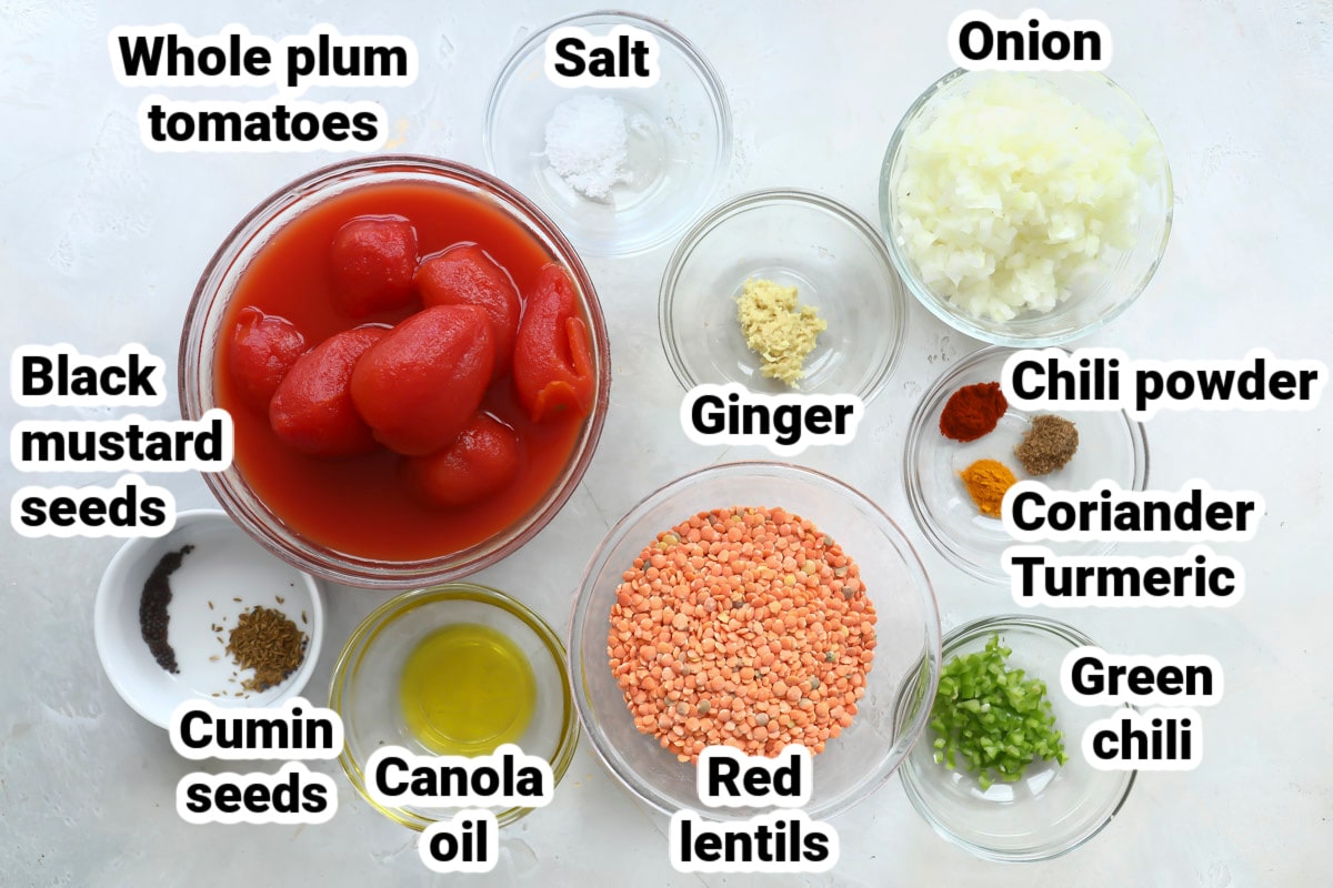 Labeled ingredients for masoor dal.