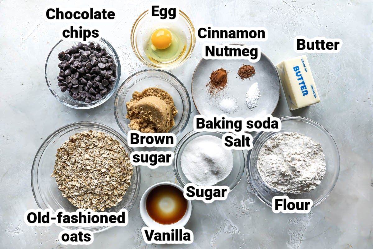 Labeled ingredients for oatmeal chocolate chip cookies.