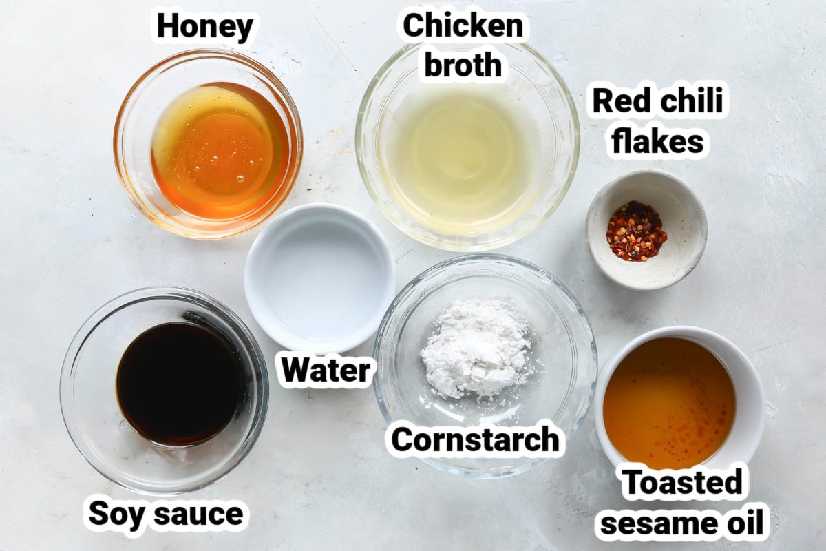 Labeled ingredients for stir fry sauce.
