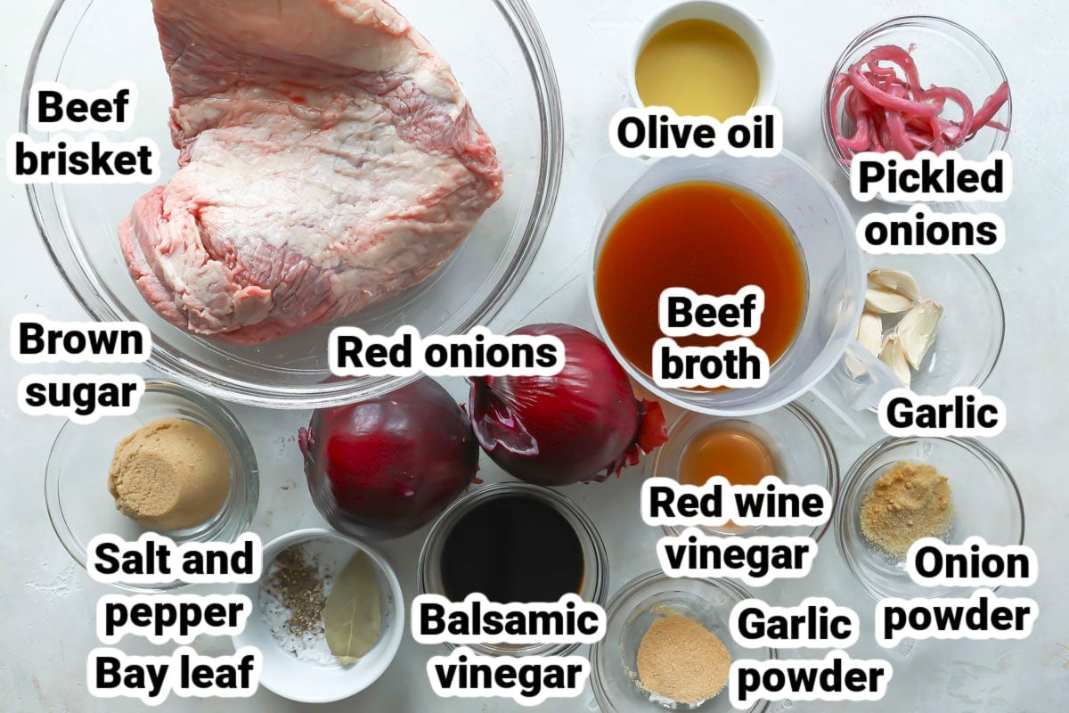 Labeled ingredients for braised beef brisket.