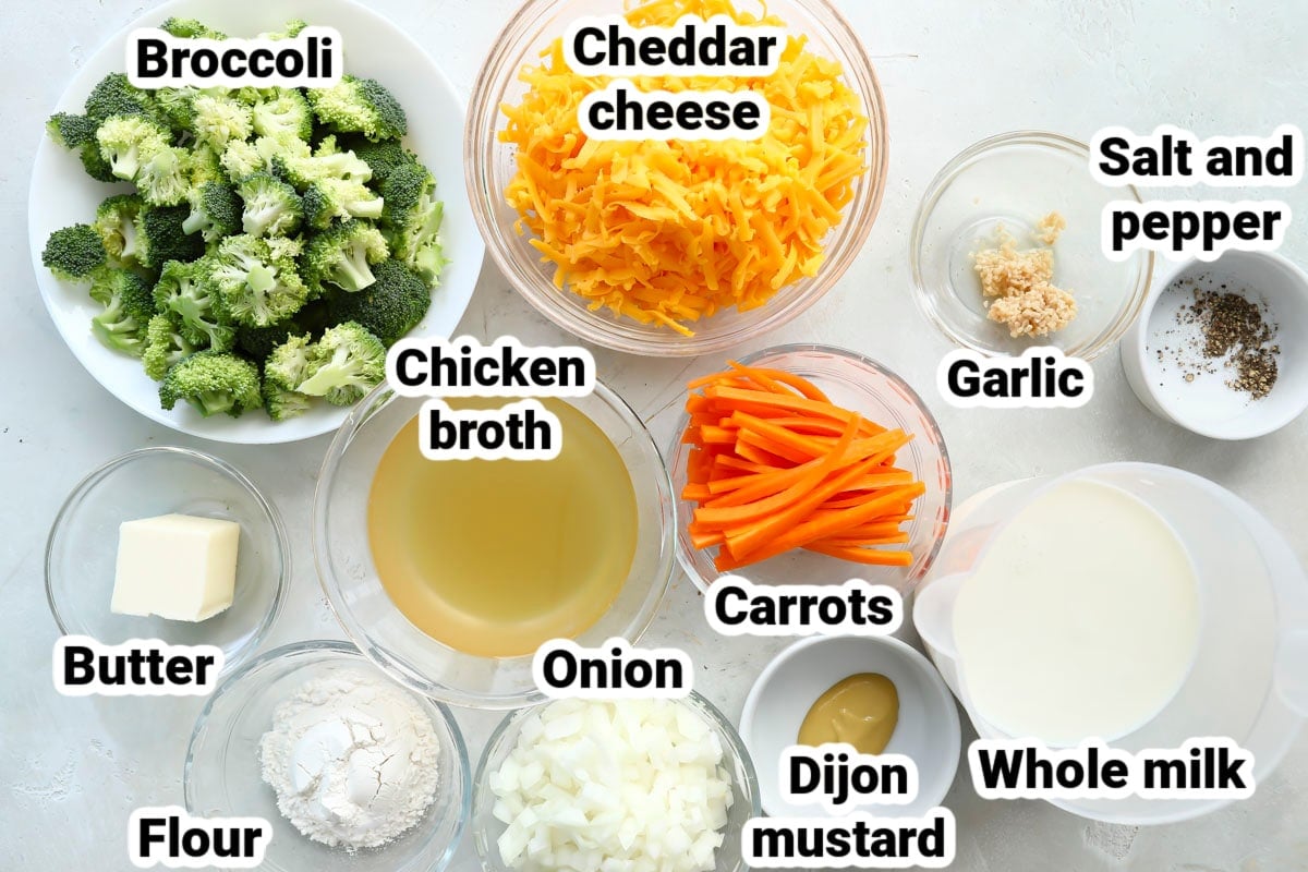 Labeled ingredients for broccoli and cheese soup.