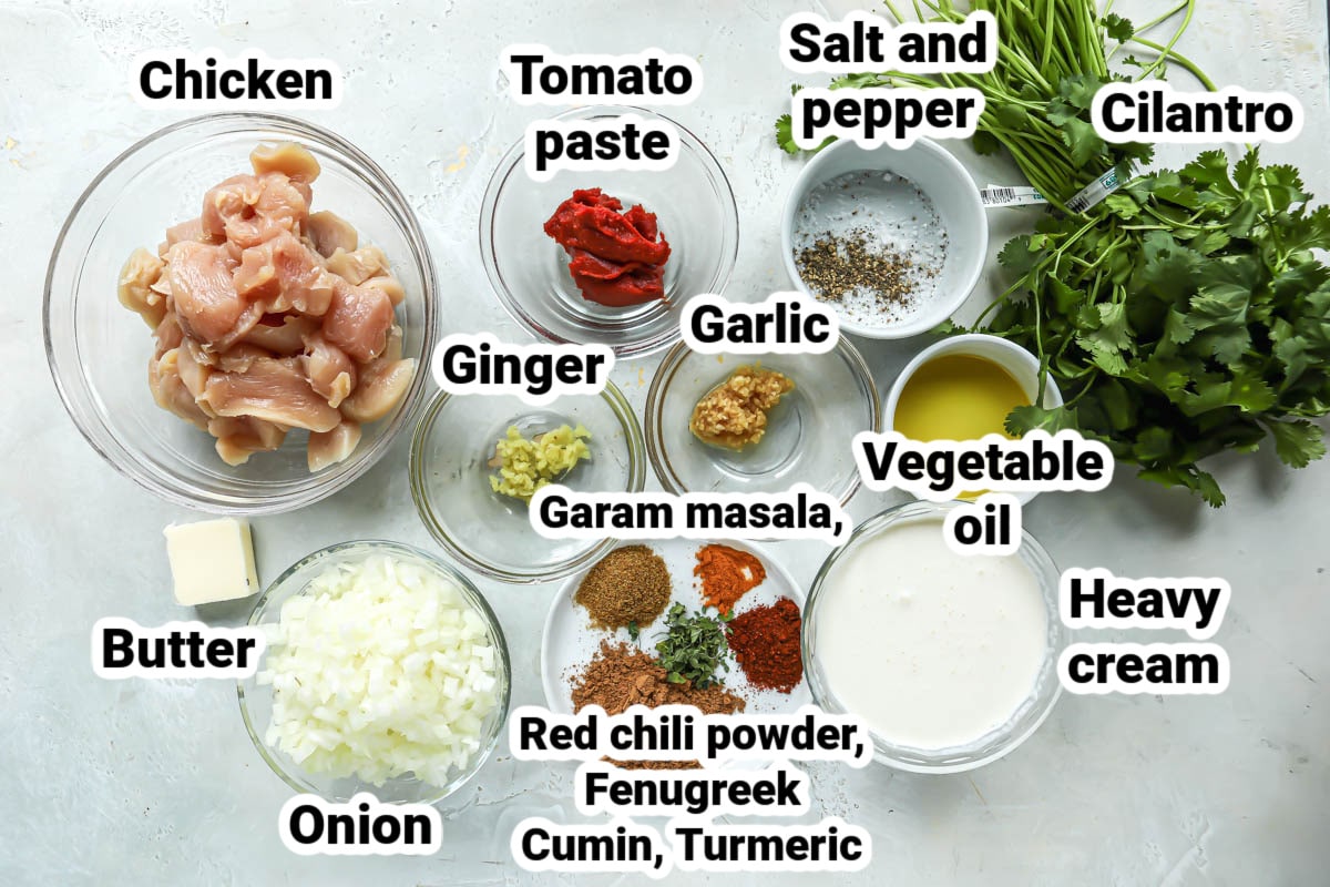 Labeled ingredients for butter chicken.