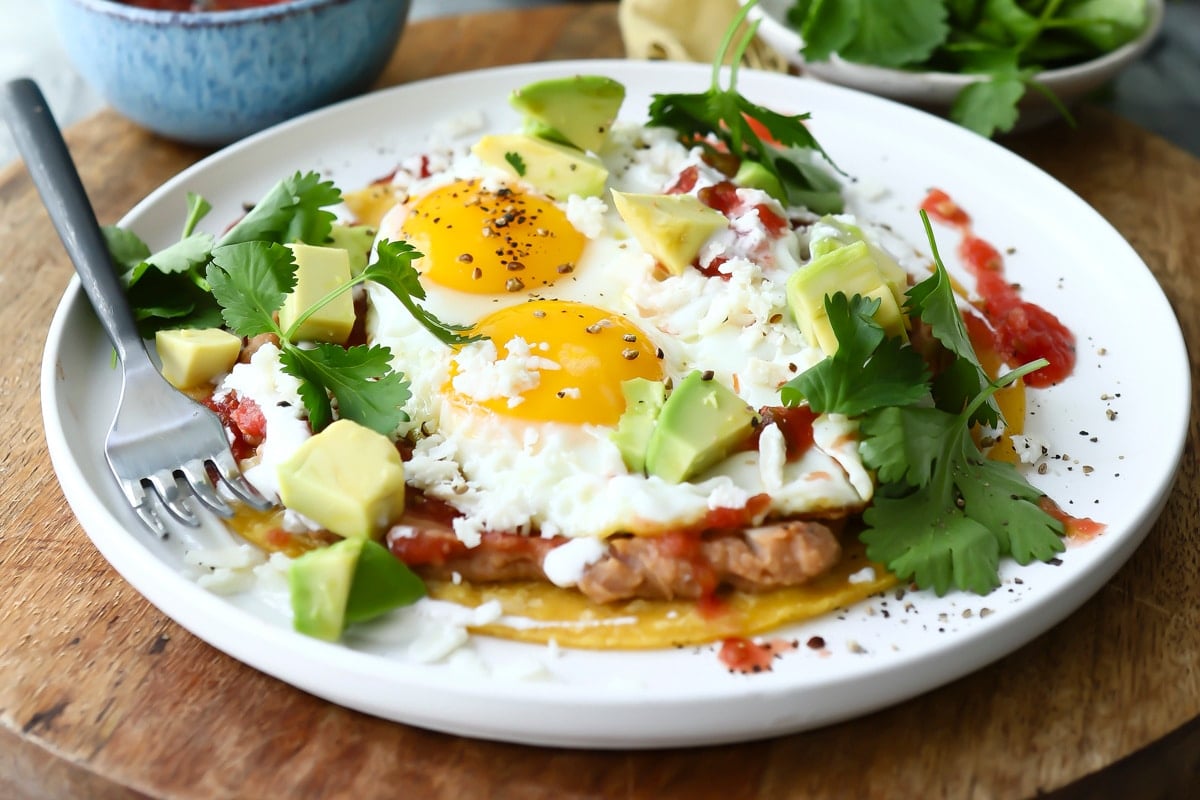 Huevos Rancheros on a white plate.