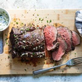 Roast Beef Tenderloin with compound butter.