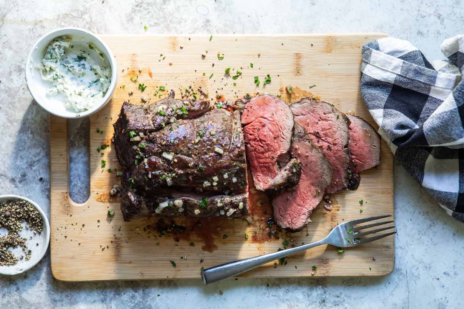 Roast Beef Tenderloin with compound butter.