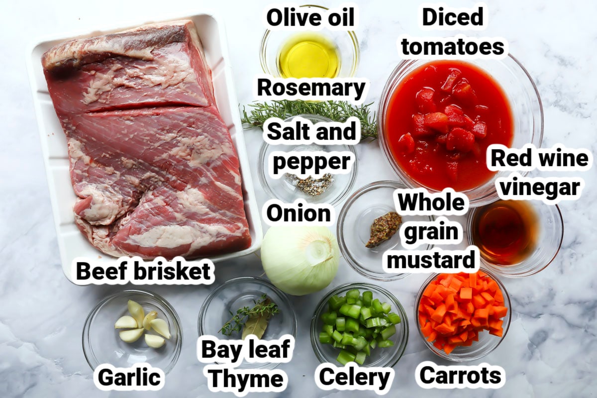Labeled ingredients for slow cooker beef brisket.