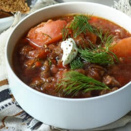 A bowl of borscht soup.