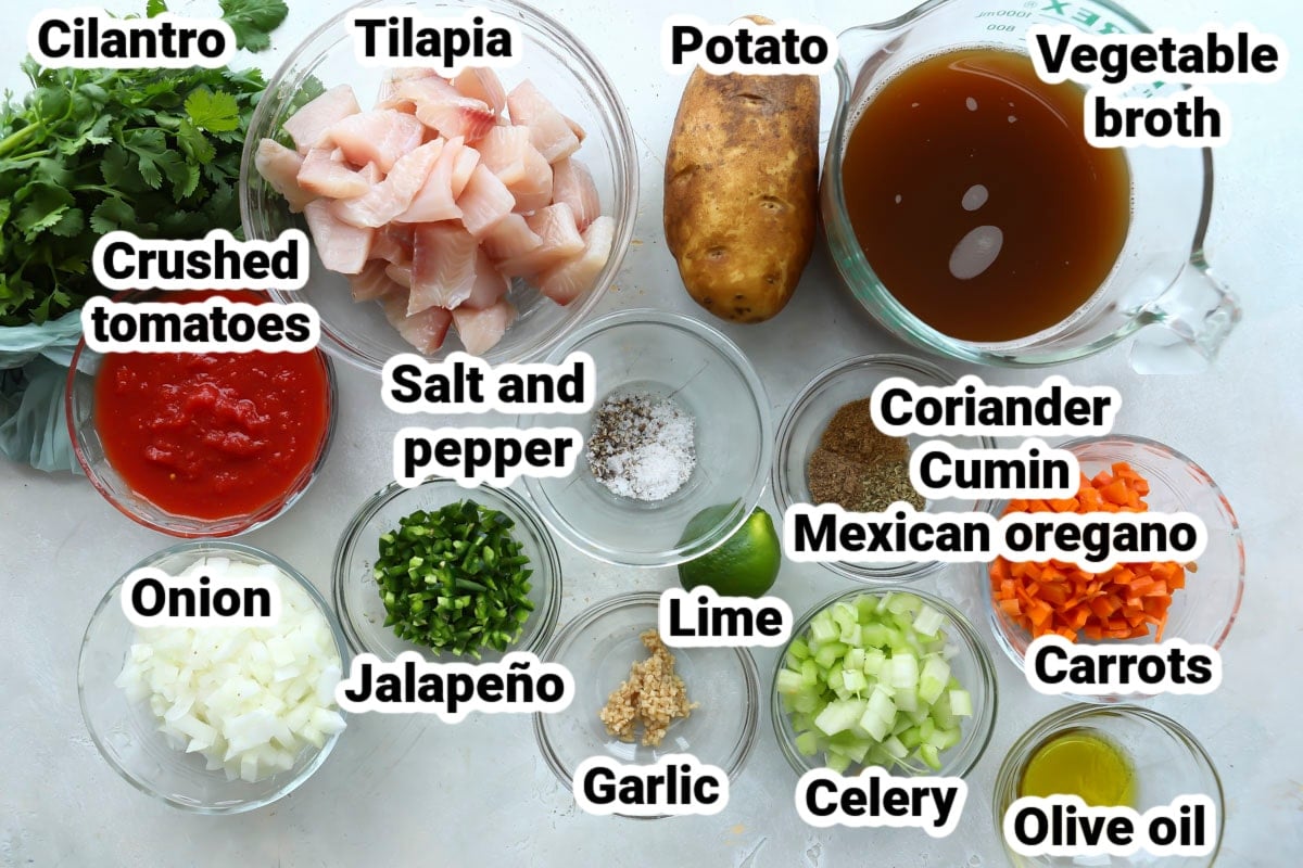 Labeled ingredients for caldo de pescado.