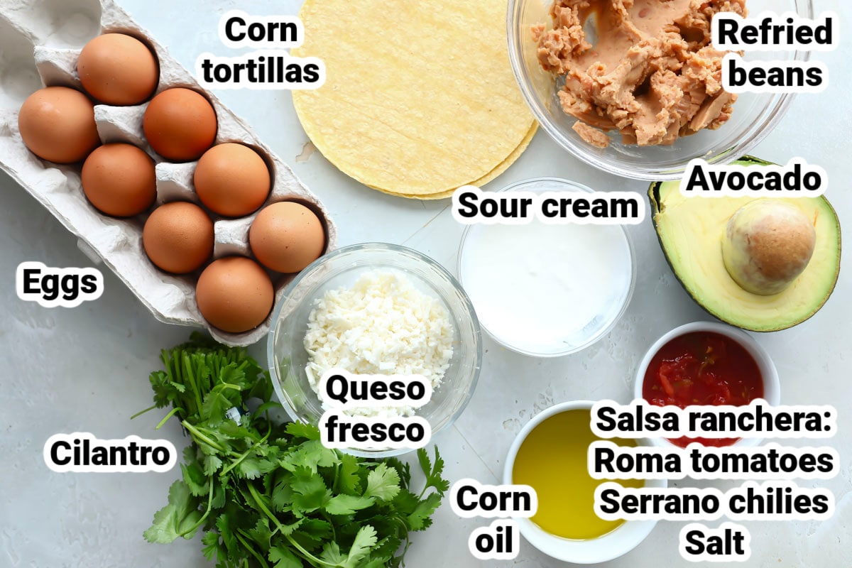 Labeled ingredients for huevos rancheros.