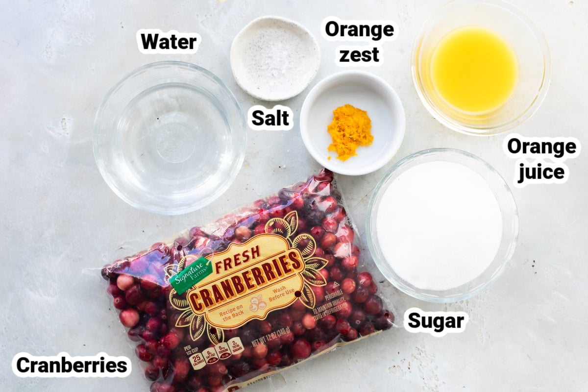 Labeled ingredients for cranberry sauce.