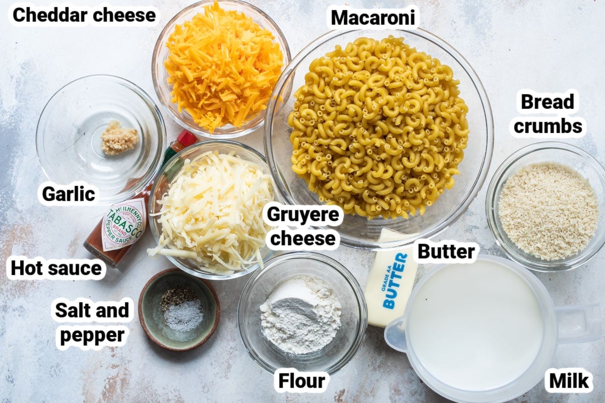 Labeled ingredients for make ahead mac and cheese.