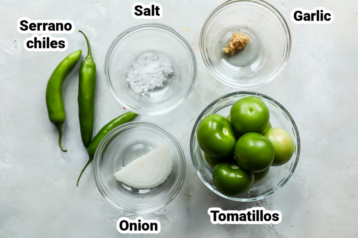 Labeled ingredients for salsa verde.