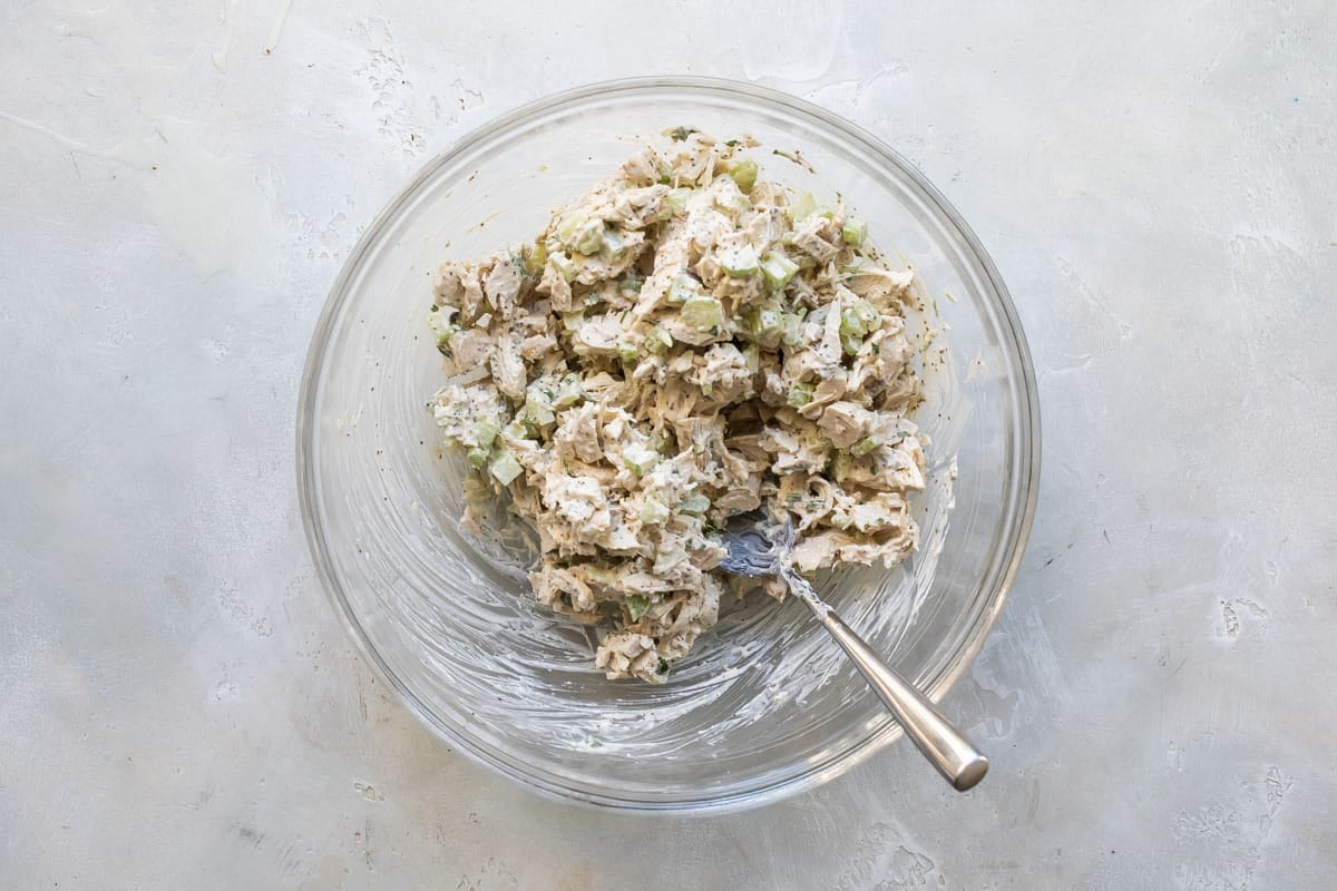 A bowl of turkey salad.
