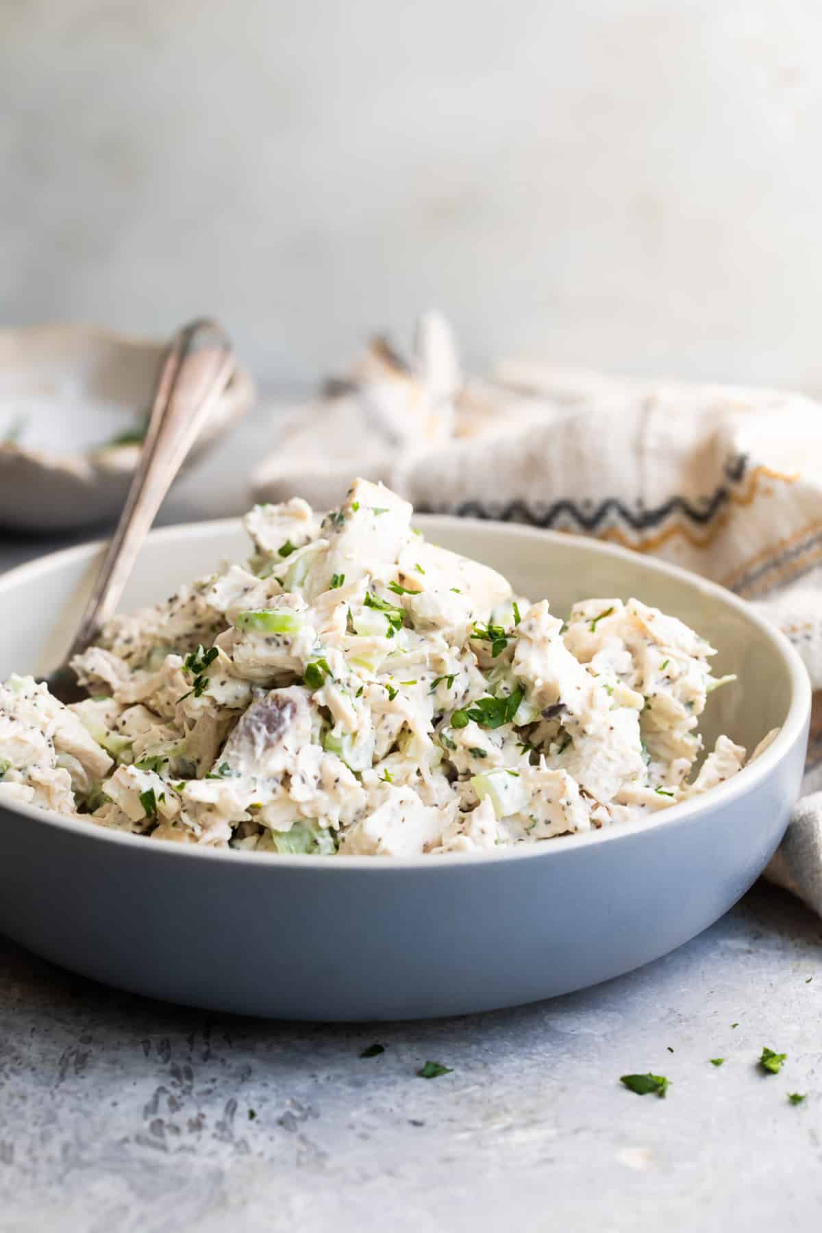 A bowl of turkey salad.