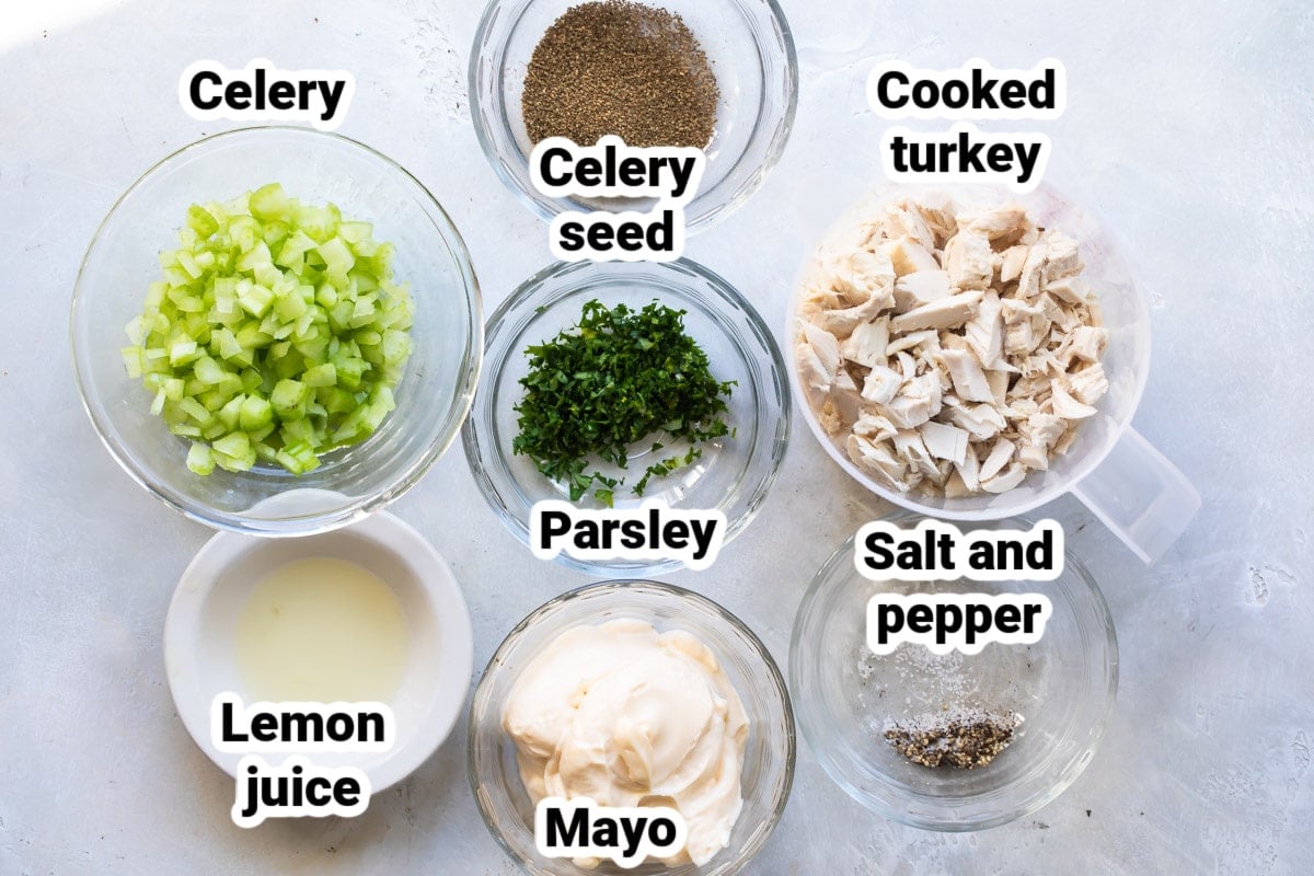 Labeled ingredients for turkey salad.