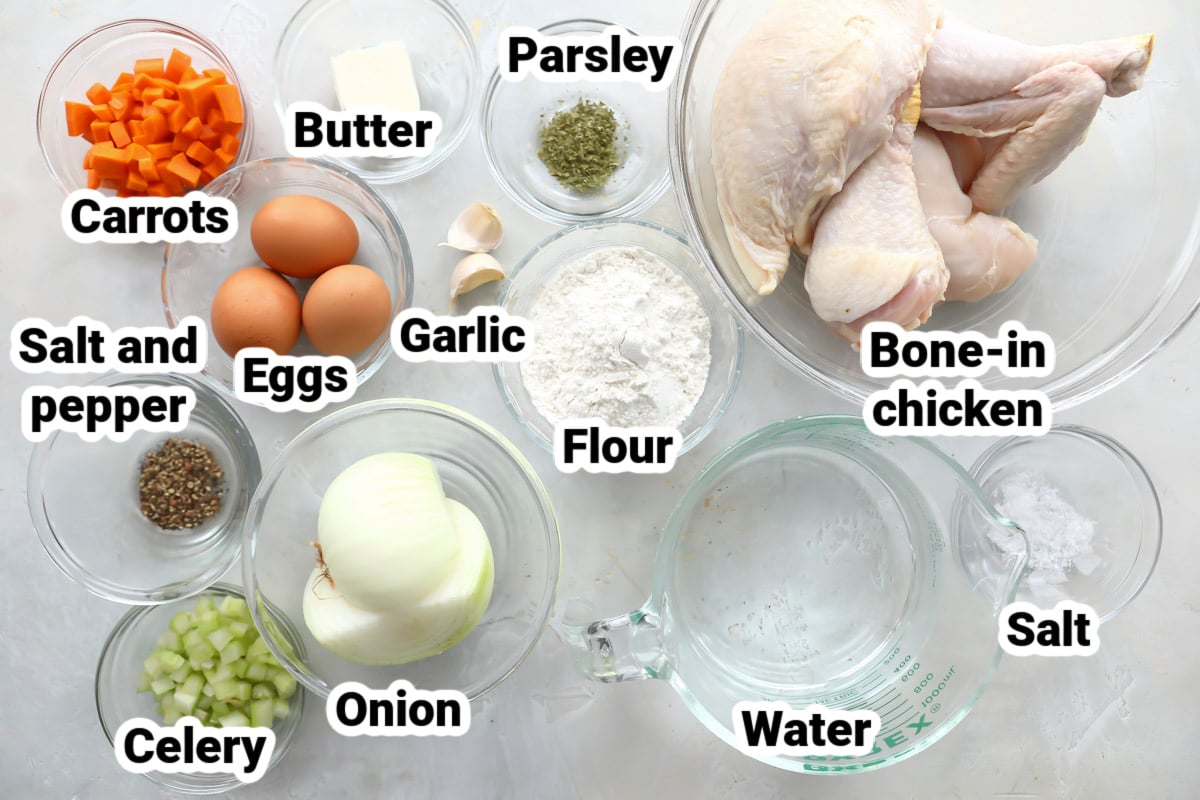 Labeled ingredients for chicken dumpling soup.