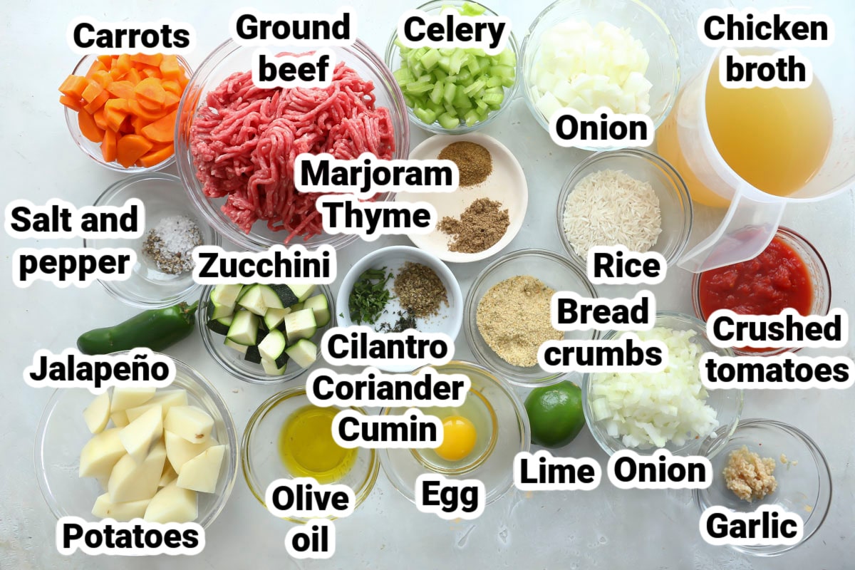 Labeled ingredients for Albondigas Soup.