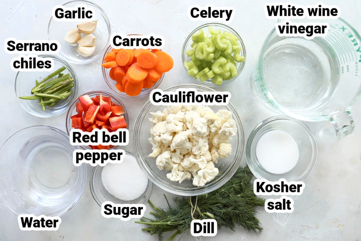 Labeled ingredients for Giardiniera.