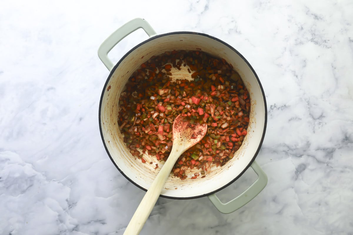Vegetables in a pot for pumpkin chili.