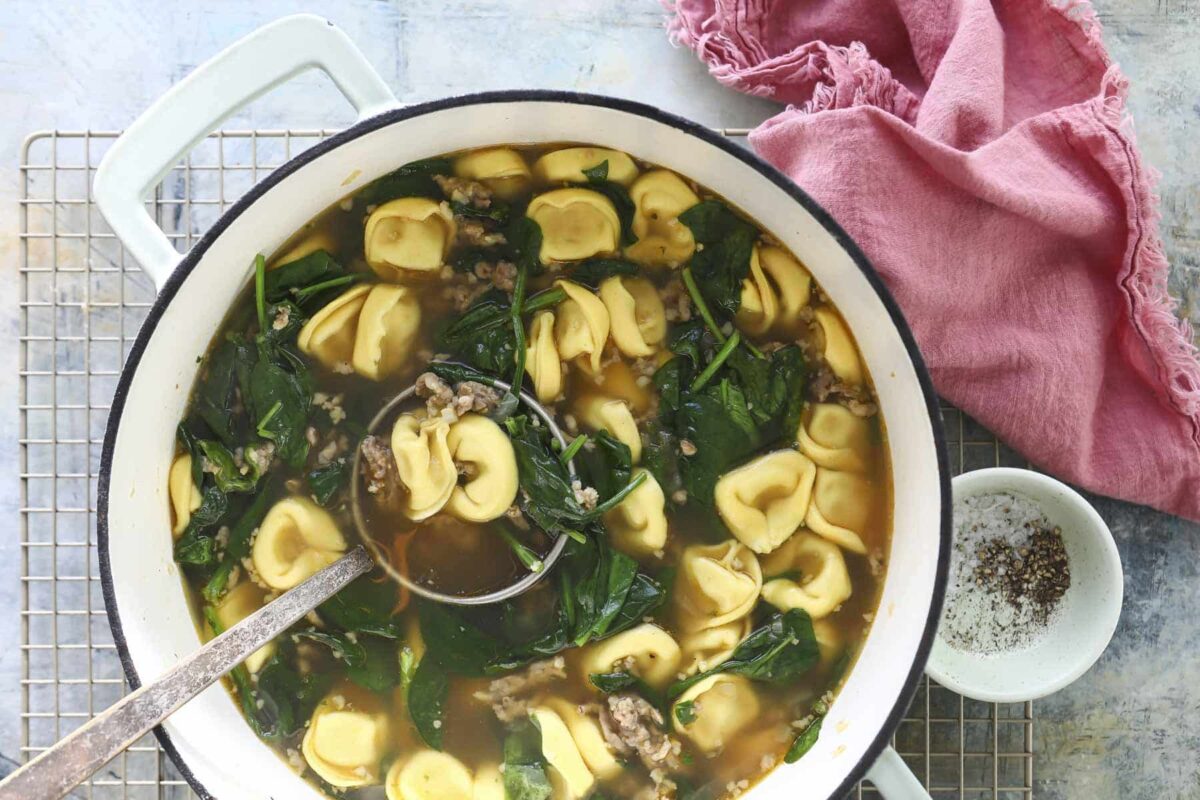 A pot of sausage tortellini soup.