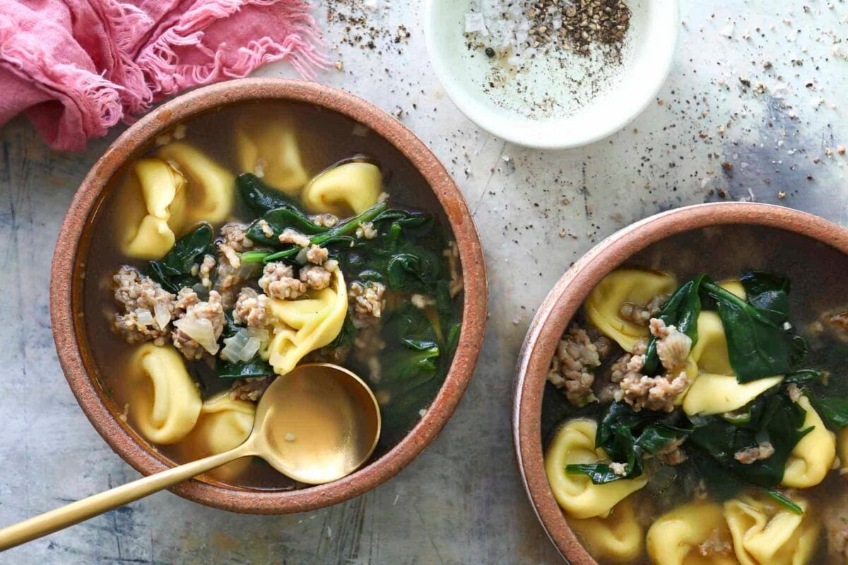 2 bowls of sausage tortellini soup.