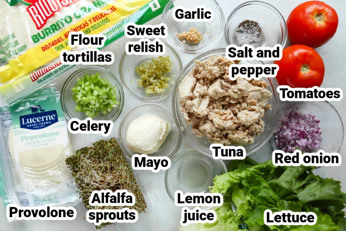 Labeled ingredients for a tuna wrap.