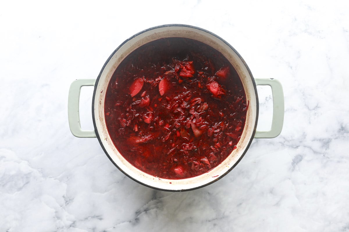 A pot of of vegetarian borscht.