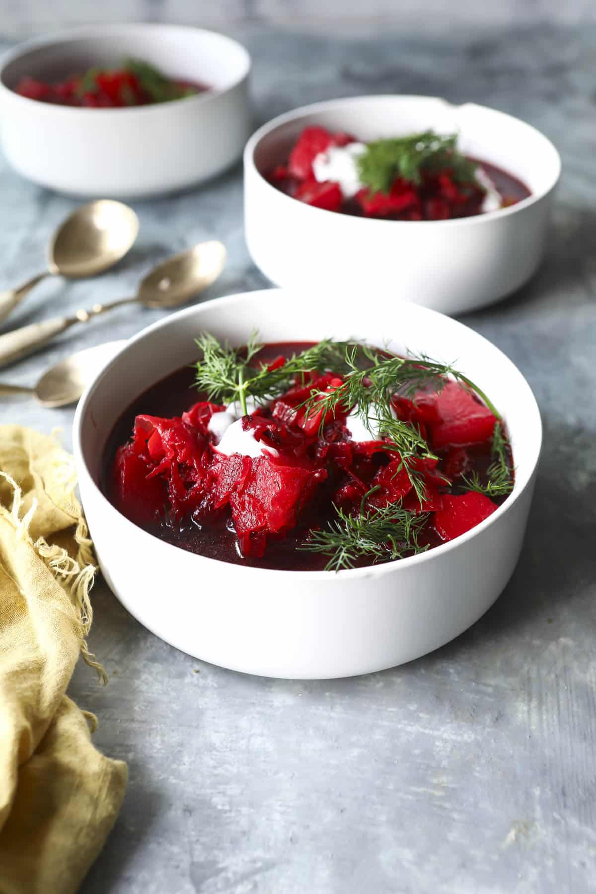 A bowl of vegetarian borscht.