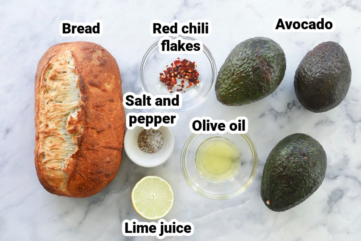 Labeled ingredients for avocado toast.