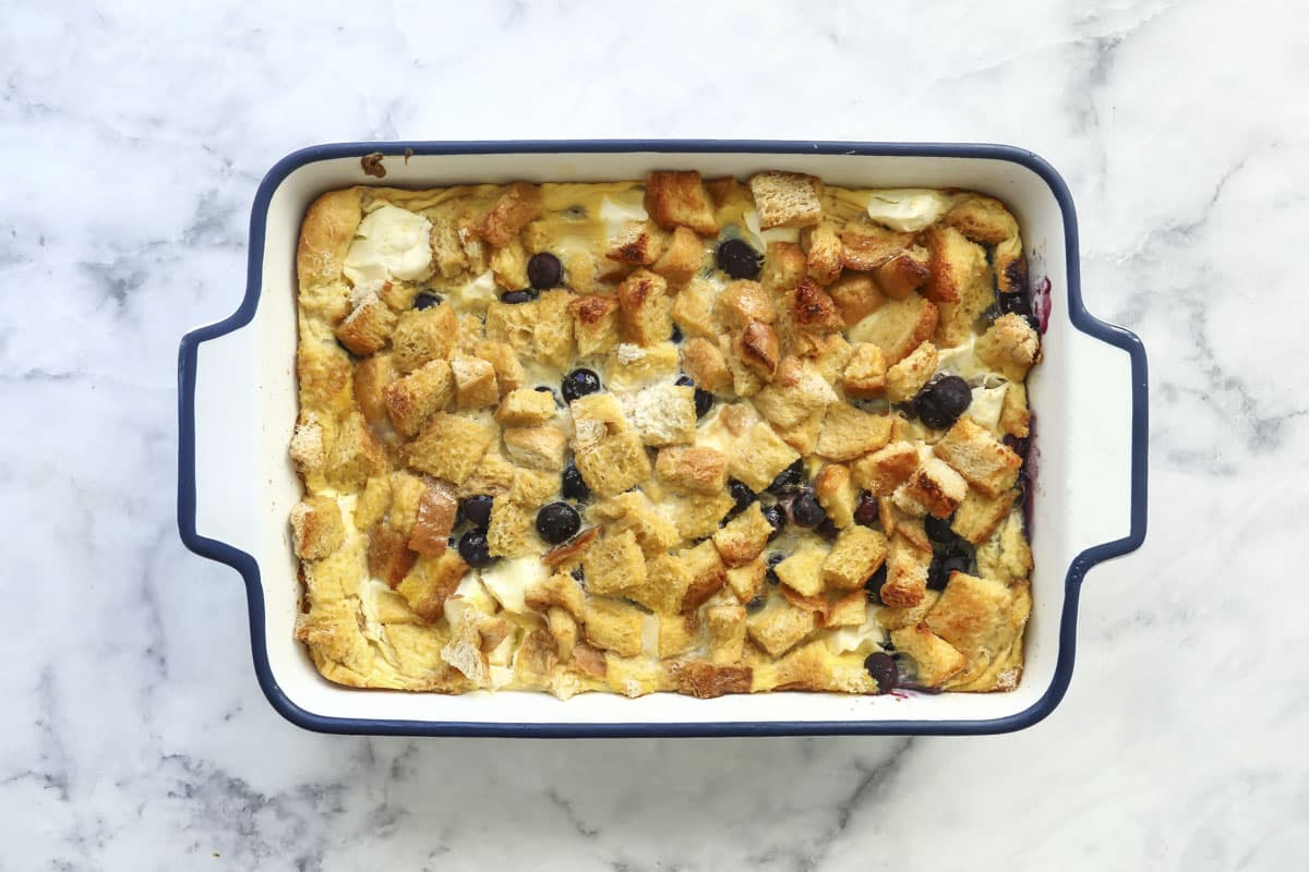 A baked dish of blueberry French toast casserole.