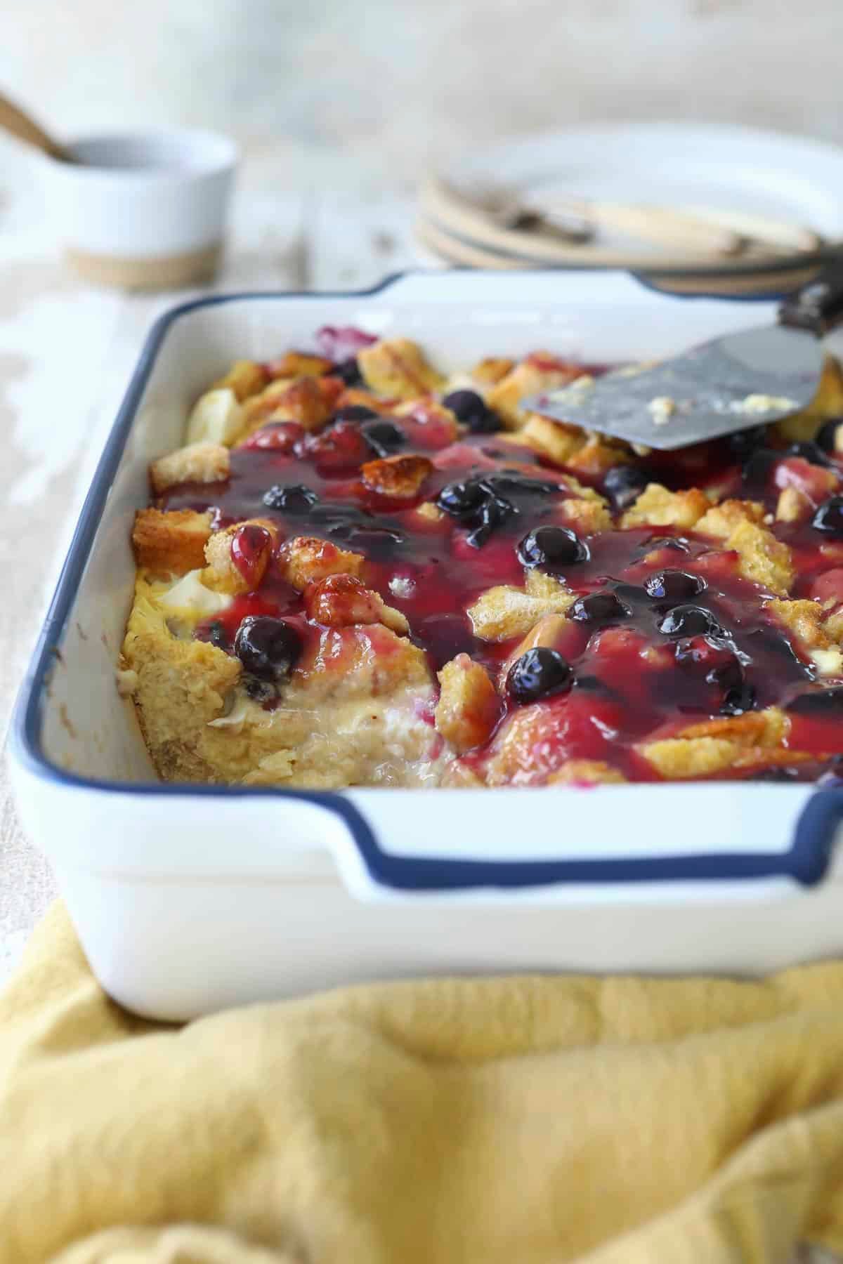 A blueberry French toast casserole with blueberry topping.