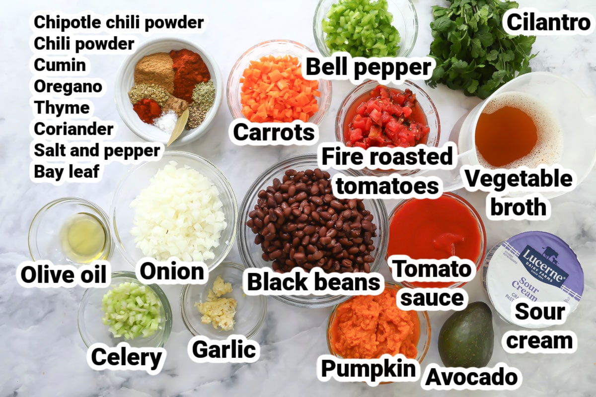 Labeled ingredients for pumpkin chili.