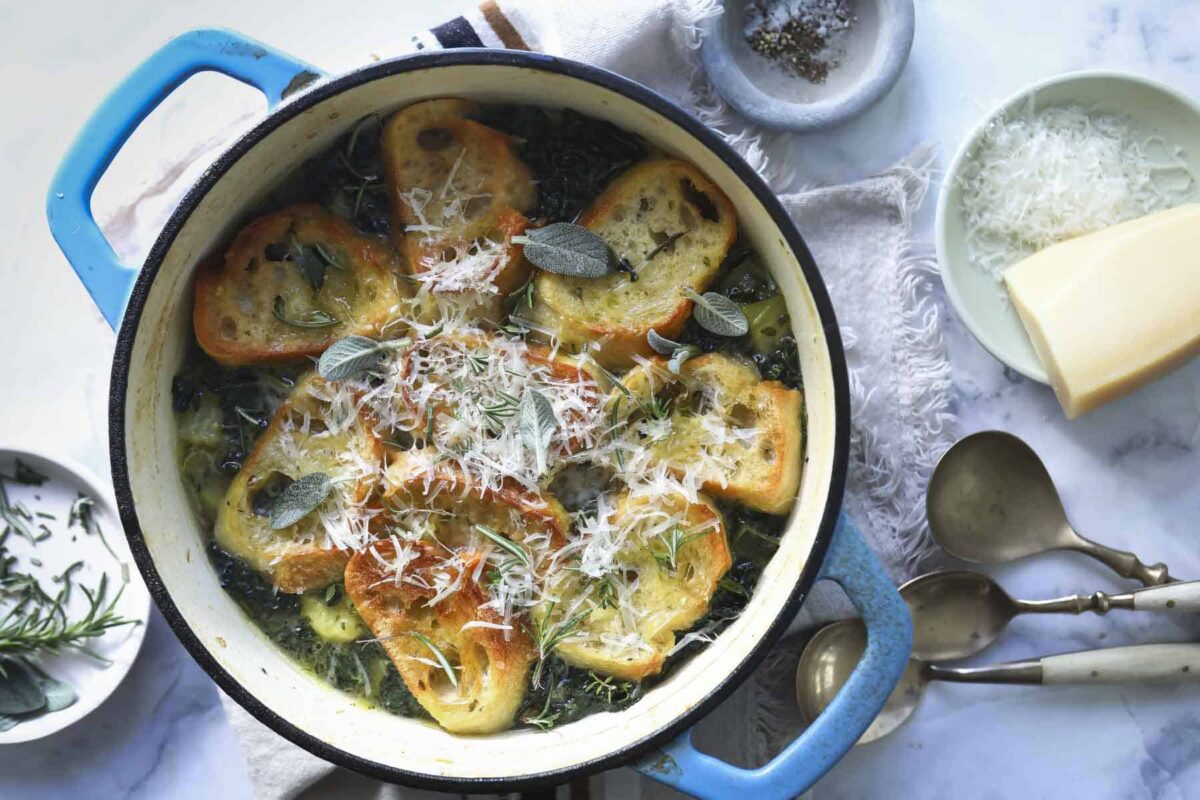 A pot of ribollita (Italian bread soup).