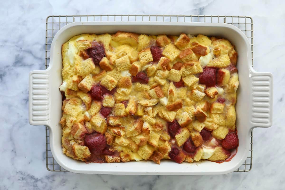 A baked dish of strawberry French toast casserole.