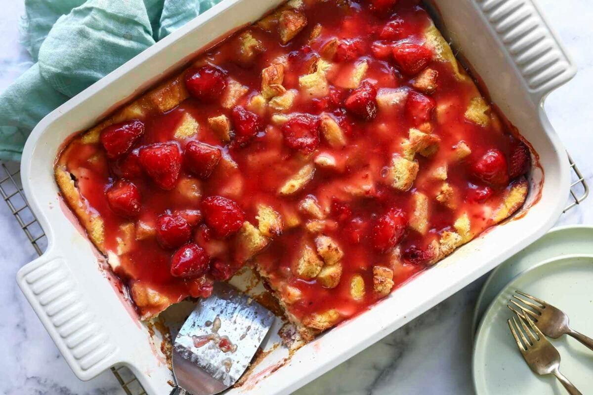 A strawberry French toast casserole with strawberry topping.