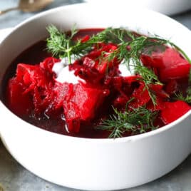 A bowl of vegetarian borscht.