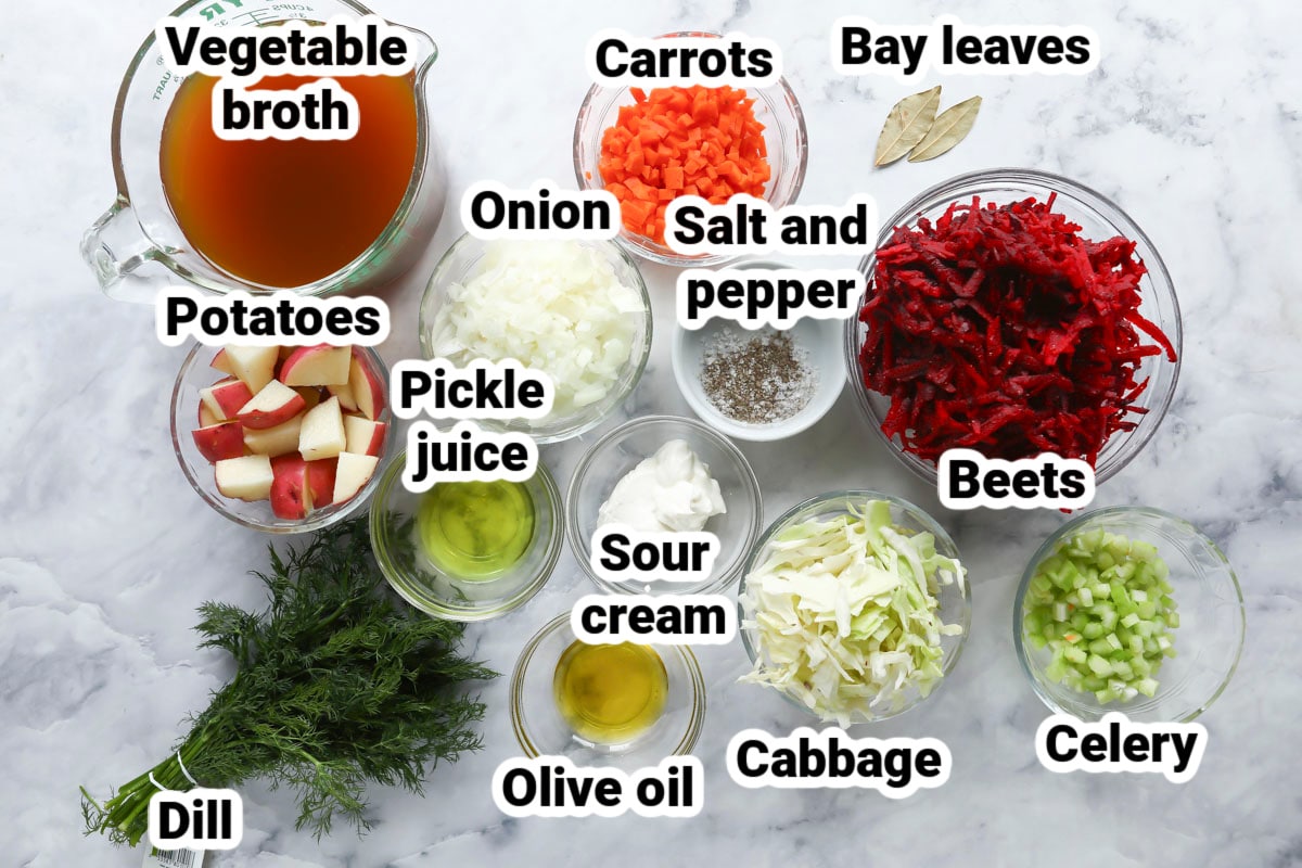 Labeled ingredients for vegetarian borscht.